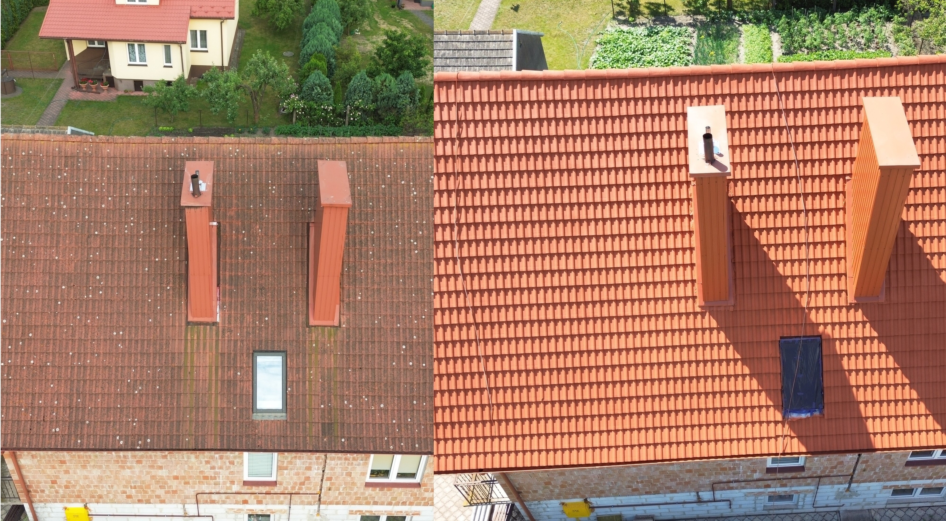 Mycie dachu dachówka ceramiczna Mielec przed i po - widok z drona - TwinsBro